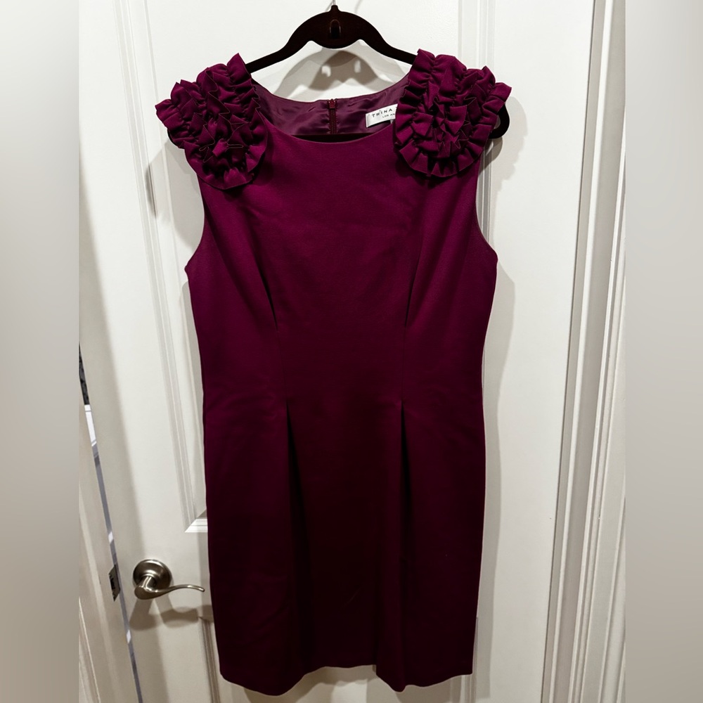 Trina Turk Sleeveless Sheath Dress in Plum with Ruffle Shoulders